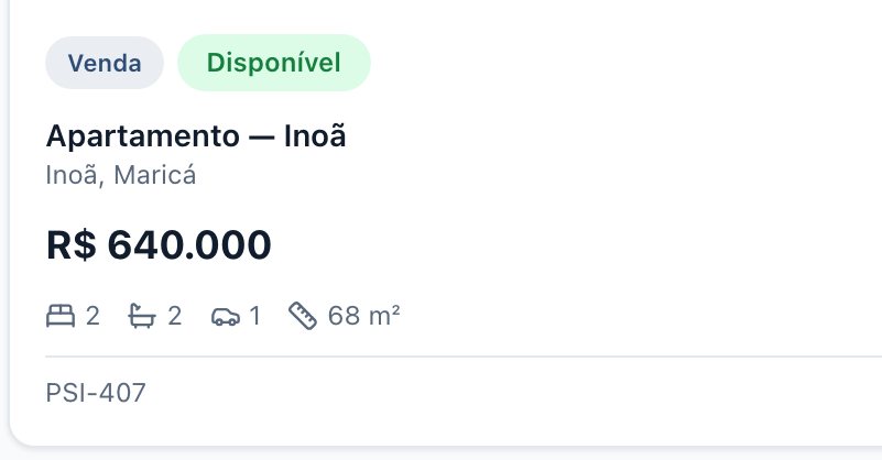 Recorte da carteira de imóveis do Persevere Leads: a ficha de um apartamento em Inoã marcado como Venda e Disponível, com R$ 640.000, dois quartos, dois banheiros, uma vaga, 68 m² e o código PSI-407.
